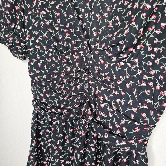 Urban Outfitters S Black Ditsy Floral Dress Mini Button Ruched Babydoll Feminine - Picture 3 of 7